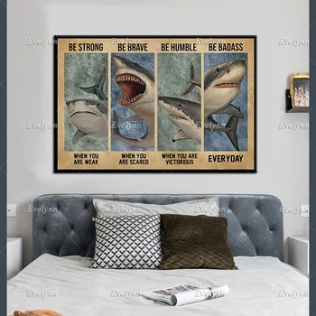Hajer Plakat | Være Stærk - Være Modig - Vær Ydmyg -Det Være Badass Hverdagen Prints,Haj Elskere, Vintage Hajer Plakat,Væg Kunst, Lærred